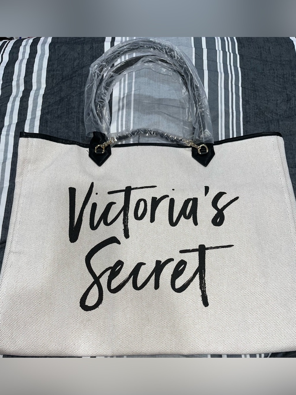 Victoria's Secret Cream and Black large Canvas Tote